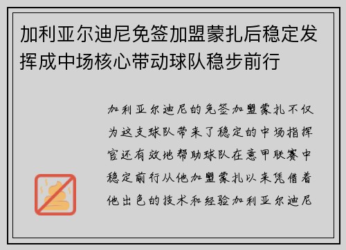 加利亚尔迪尼免签加盟蒙扎后稳定发挥成中场核心带动球队稳步前行