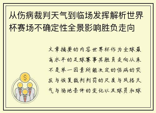 从伤病裁判天气到临场发挥解析世界杯赛场不确定性全景影响胜负走向
